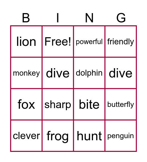 Unit 6- Animals Bingo Card