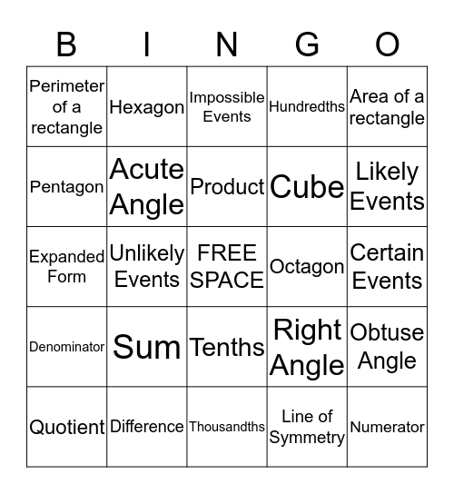 4th Grade Bingo Card