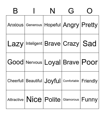 Adjective Bingo Card