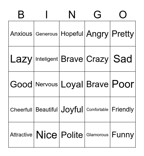 Adjective Bingo Card