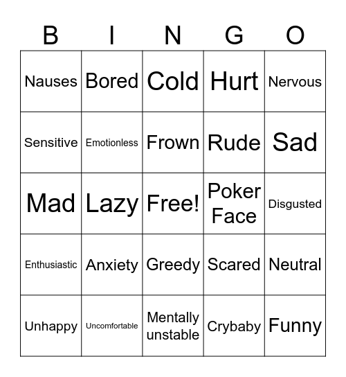 Adjective Bingo Card