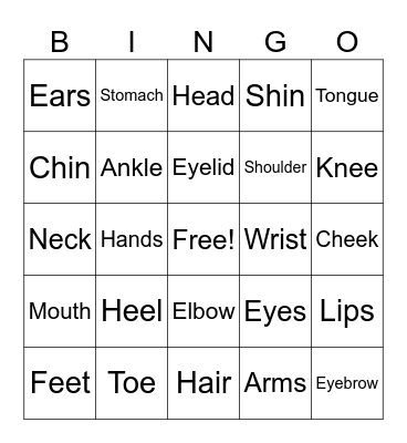 Body Parts Bingo Card