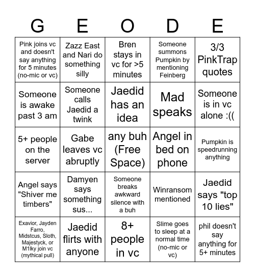 Geode General VC #1 Bingo Card