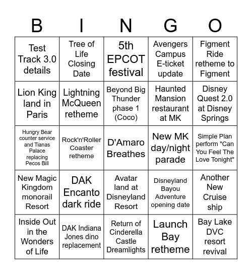 D23 Parks Presentation Bingo Card