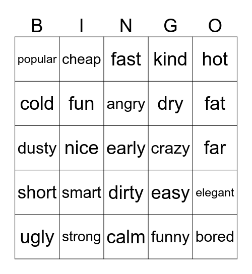 English Bingo Card