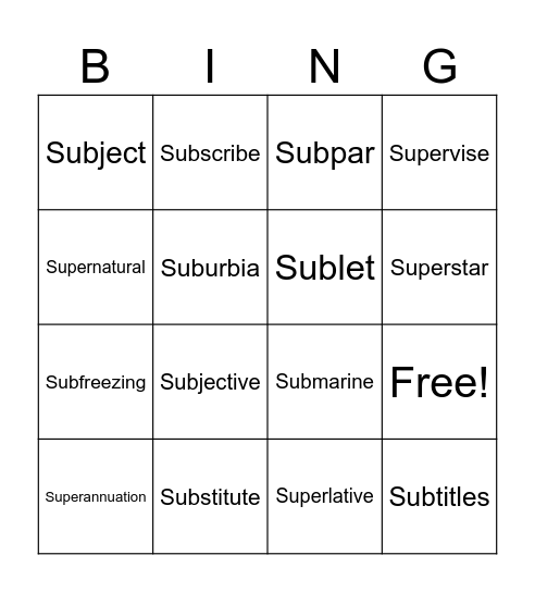 Sub and super prefix bingo Card