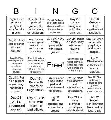 30-day screen free challenge Bingo Card