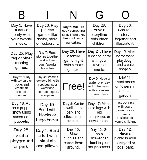 30-day screen free challenge Bingo Card