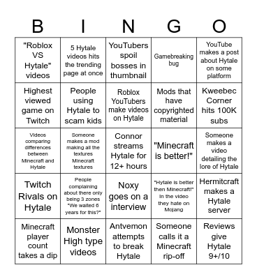 Hytale Release Month Bingo Card