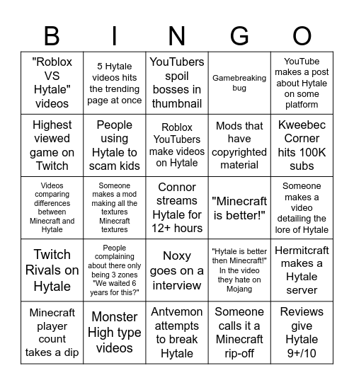 Hytale Release Month Bingo Card