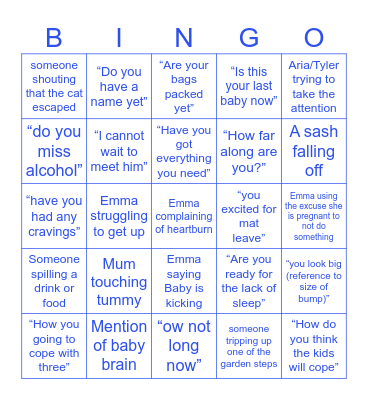 Baby shower Bingo Card