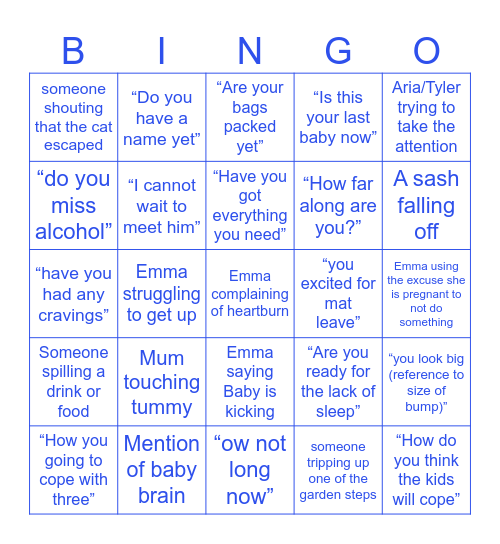 Baby shower Bingo Card