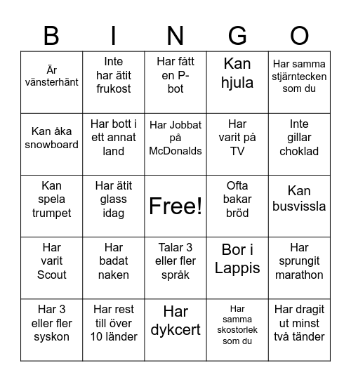 Hitta någon som... Bingo Card