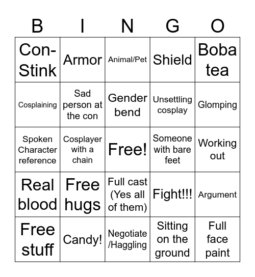 Anime Convention Bingo Card