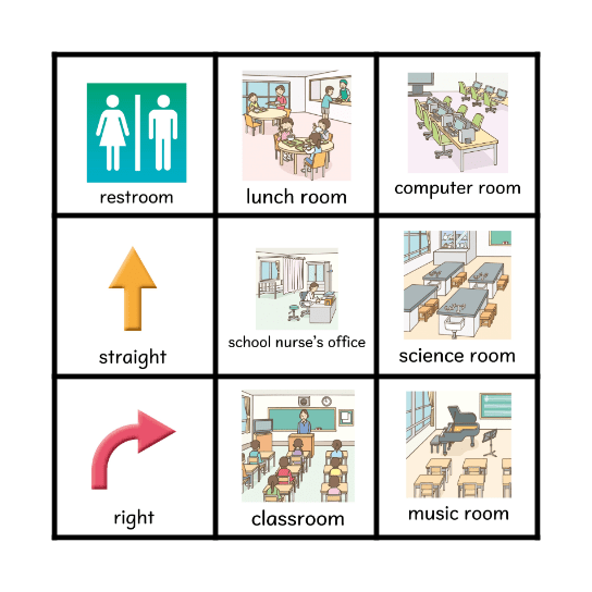 SCHOOL ROOMS AND DIRECTION BINGO Card