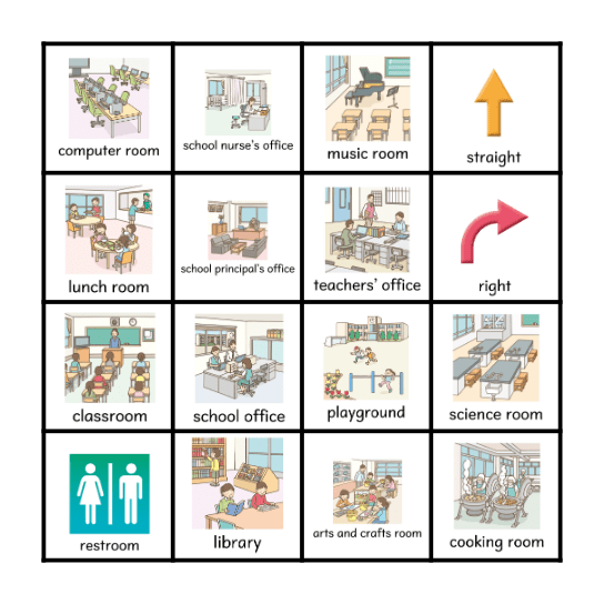 SCHOOL ROOMS AND DIRECTION BINGO Card