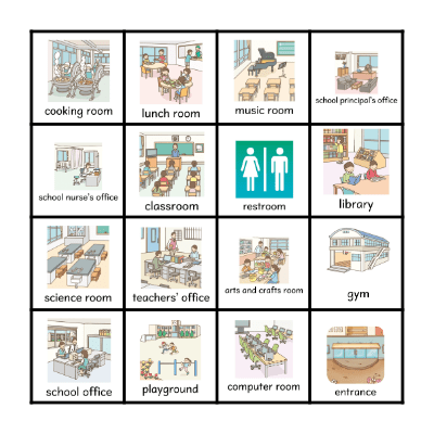 SCHOOL ROOMS AND DIRECTION BINGO Card