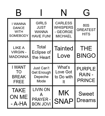 80s GREATEST HITS MUSIC BINGO Card