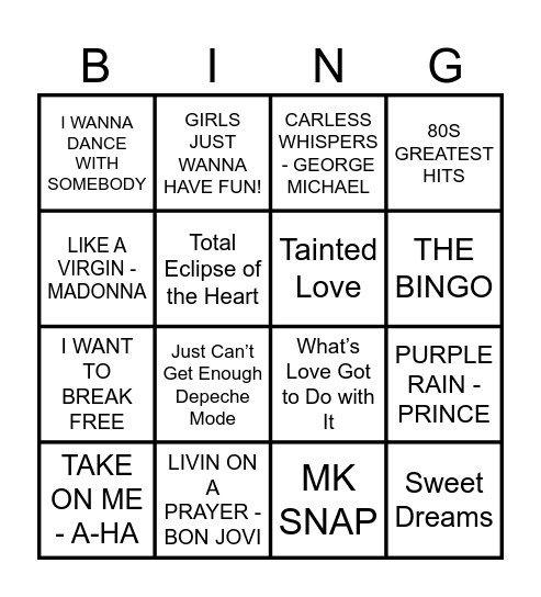 80s GREATEST HITS MUSIC BINGO Card