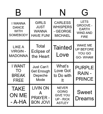 80s GREATEST HITS MUSIC BINGO Card