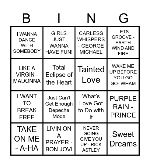 80s GREATEST HITS MUSIC BINGO Card