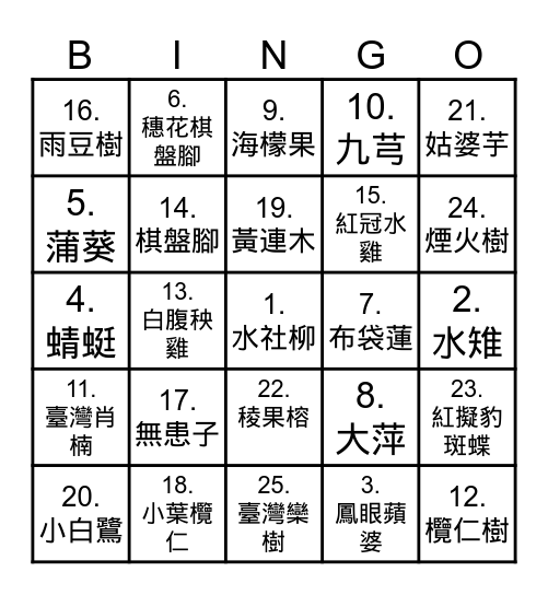 濕地探索家組別:第   組 Bingo Card