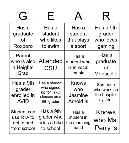 GEAR UP 2028 Bingo Card