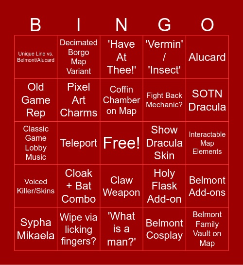 Castevania Chapter Bingo Card