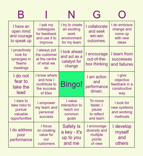 Etex Value Ambassador Bingo Card