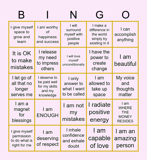 Positive Affirmation Bingo Card