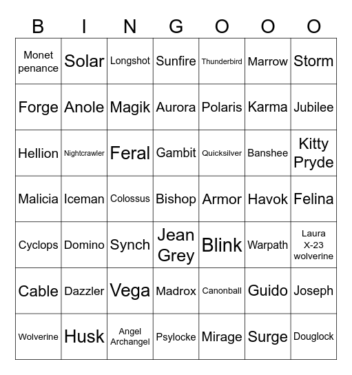 X-men film good guys wishlist Bingo Card