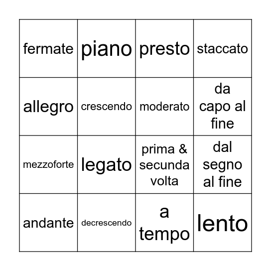 Italiaanse woorden 2 Bingo Card