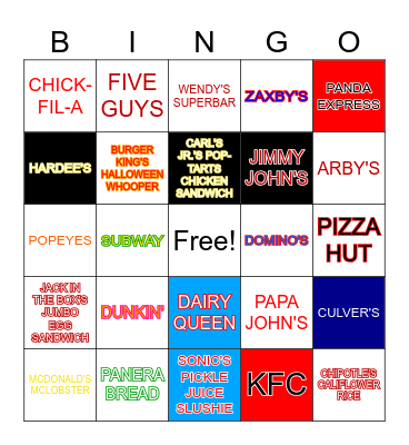 Fast Food Bingo Card