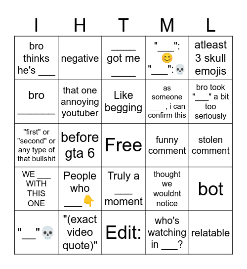 yt comments Bingo Card