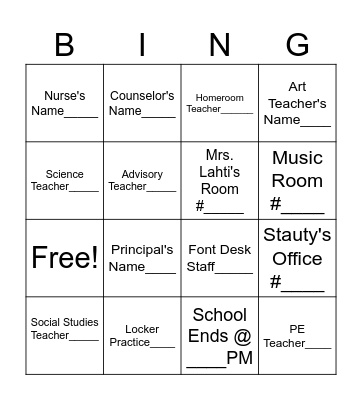 6th Grade Open House Bingo Card