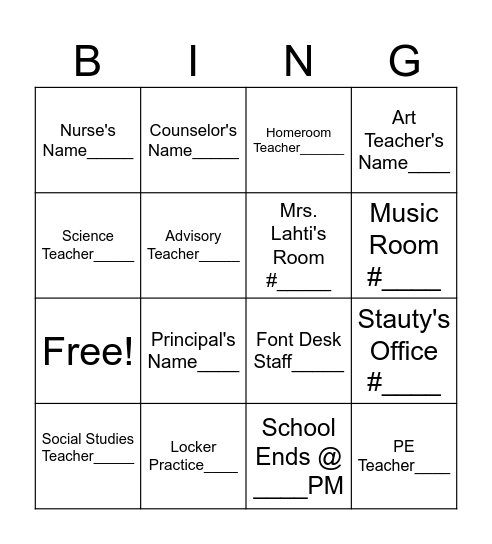 6th Grade Open House Bingo Card