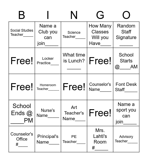 6th Grade Open House Bingo Card