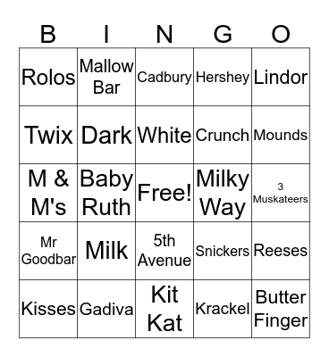 CHOCOLATE Bingo Card