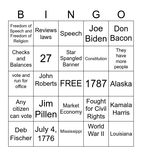 Citizenship Bingo Card