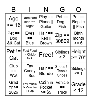 APCSP Boolean Bingo Card