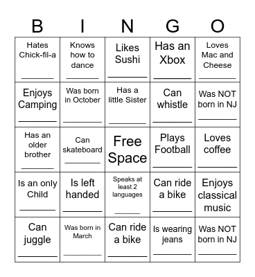 YOUTH HUMAN BINGO Card