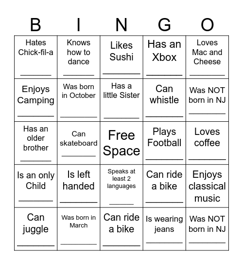 YOUTH HUMAN BINGO Card