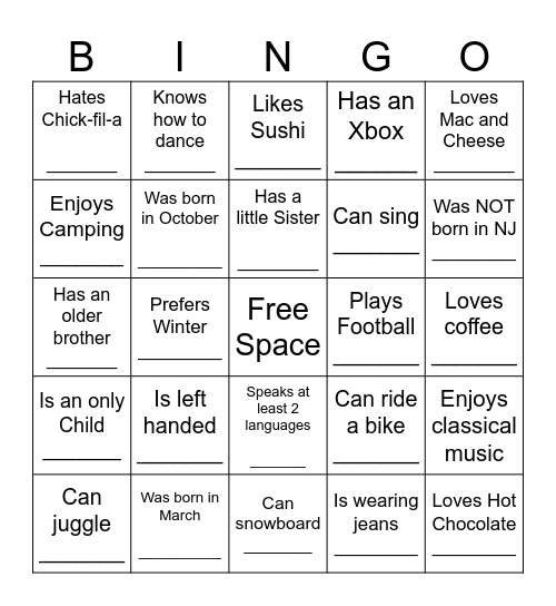 YOUTH HUMAN BINGO Card