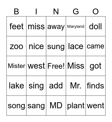 I-3 Spelling Words Bingo Card