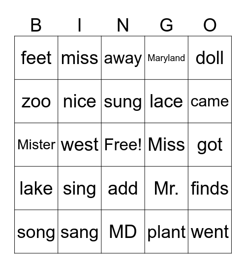 I-3 Spelling Words Bingo Card
