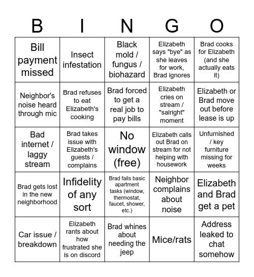 Brad + Elizabeth move in arc Bingo Card