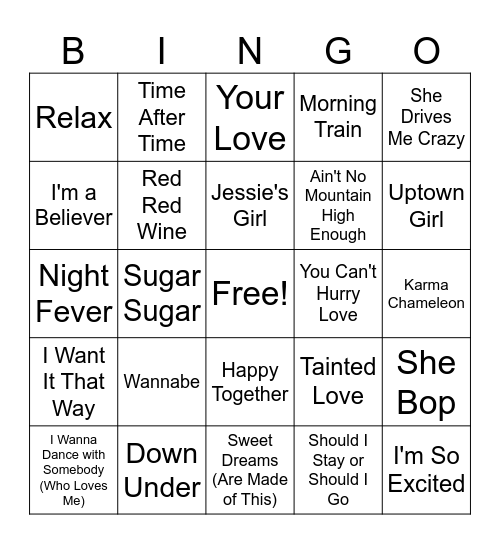 Cyndi Lauper Bingo Card