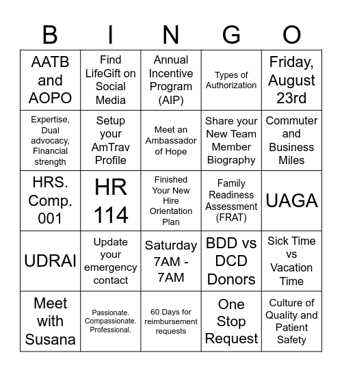 August Orientation Bingo Card