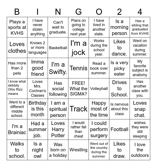 First Day of Advanced A & P Bingo Card