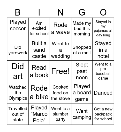 Summer Bingo Card